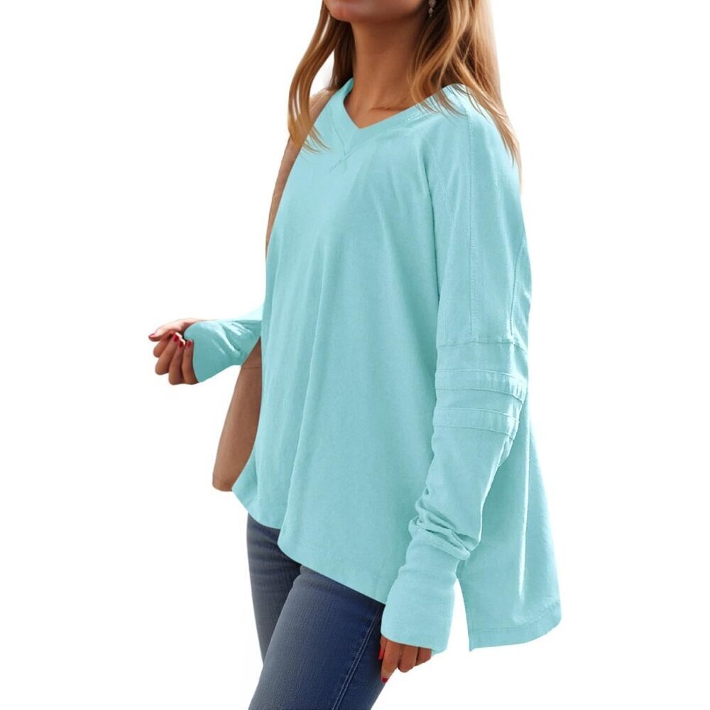 Womens Oversized Long Sleeve V Neck T Shirts Casual Tunic Tops for Leggings - Picture 1 of 6